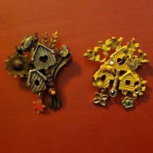 Set of 2 KC Enamel Crystal Birdhouse Pins/Brooches - Fall & Spring - GREAT GIFT!